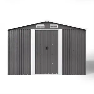 10 x 8 ft Metal Shed Garden Storage Shed Apex Roof Double Door with Base Foundation, Charcoal Black