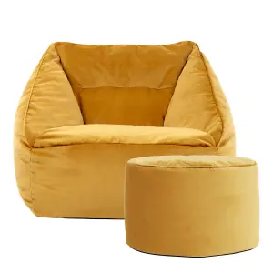 icon Natalia Velvet Armchair Bean Bag and Pouffe Set Ochre Yellow Giant Bean Bag Chair