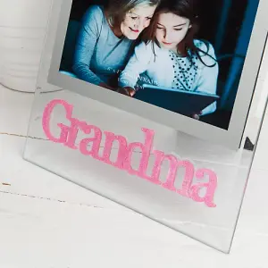 Pink Glitter Grandma Picture Frame in Transparent Glass with Bevelled Sides