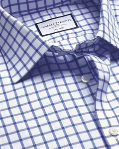 Non-Iron Twill Grid Checkered Cotton Formal Shirt - Cobalt Blue Single Cuff Size Medium By Charles Tyrwhitt