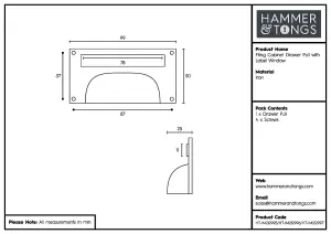 Hammer & Tongs - Filing Cabinet Cup Handle with Card Frame - W100mm x H50mm