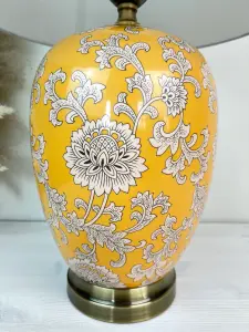 Yellow Floral Ceramic Table Lamp with Plain Shade