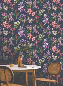 Maya Elegant Floral Navy Wallpaper