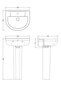 Vision Ceramic Bundle Semi Flush to Wall Toilet Pan & Cistern, Soft Close Seat, 500mm 1 Tap Hole Basin & Full Pedestal - Balterley