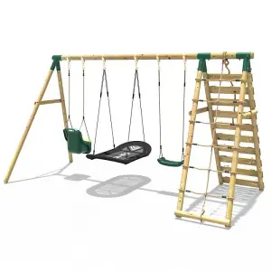 Rebo Wooden Swing Set with Up and Over Climbing Wall - Skye Green