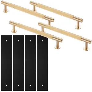 4 PACK - Pull Handle & Contrasting Backplate Set - Reeded Lined T Bar - Satin Brass & Black