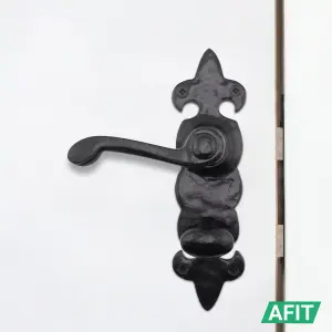 AFIT Black Antique Fleur De Lys Bathroom Door Handle Set - 1 Pair Cast Iron Internal Lever Handles, Hinges (76mm) & Lock (64mm)