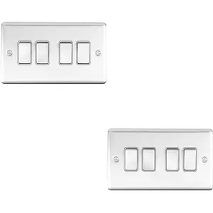 2 PACK 4 Gang Quad Metal Light Switch SATIN STEEL 2 Way 10A Grey Trim