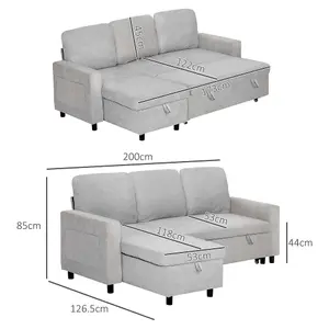 HOMCOM Pull Out Sofa Bed L Shape Corner Sofa w/ Reversible Chaise Light Grey