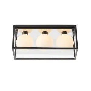 Matt Black Rectangular Framed Flush Bathroom Ceiling Light & Sphere Glass Shades