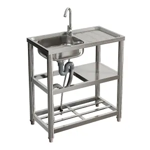 Reversible 1 Compartment Commercial Floorstanding Stainless Steel Kitchen Sink with 2 Tier Storage Shelf