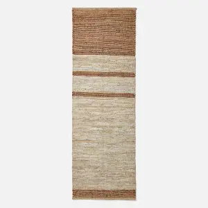 Homescapes Brown Recycled Leather Handwoven Stripe Rug, 66 x 200 cm