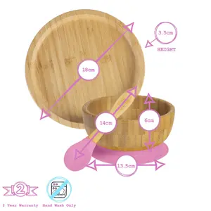 Tiny Dining - Round Bamboo Suction Baby Feeding Set - Pink - 4pc