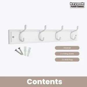 keypak 4-Hook Wall-Mounted Coat Rack, 45cm - White Wooden Board, White Coat Hooks - Fixings Included