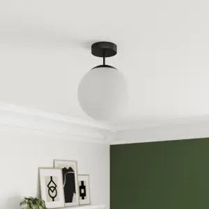 GoodHome Round Matt Glass & metal Black Frosted effect LED Ceiling light