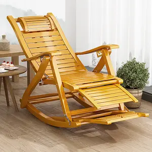 Foldable Adjustable Bamboo Indoor and Outdoor Recliner Chair Sun Lounge Rocking Chair with Retractable Footrest