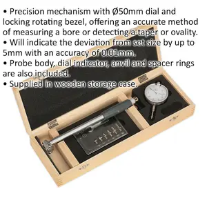 50mm Dial Bore Gauge - 35mm to 50mm Range - Probe Body - Wooden Storage Case