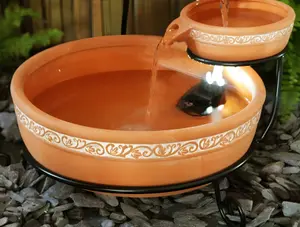 Primrose Ladonas Inlaid Terracotta Solar Powered Cascade Water Feature with Battery Backup and LED Lights 55cm