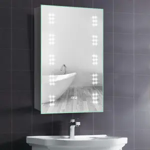 Sensor Wall Bathroom Mirror Cabinet LED Lighting with Shaver Socket and Clock 500 x 700 mm