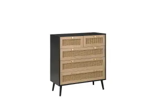 Black Chest of 5 Drawers Rattan Mid Century Modern