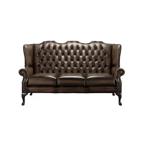 Chesterfield 3 Seater High Back Antique Brown Leather Sofa In Mallory Style