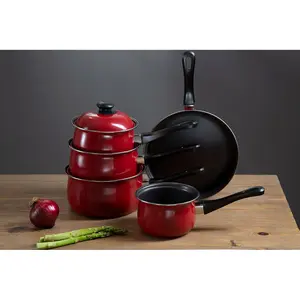 Interiors by Premier 5 Pc Non-Stick Red Pan Set, Kitchen Pots and Pans Set With Bakelite Handles, Stainless Steel Pot Set