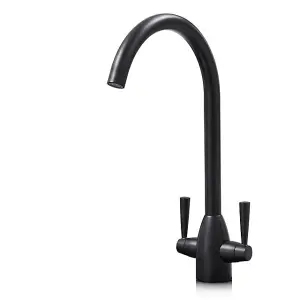 Liquida W05BL Swan Neck Swivel Spout Monobloc Twin Lever Black Kitchen Mixer Tap