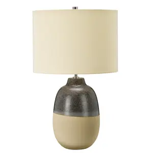 Table Lamp Grey Brown Glaze Matt Beige Base Cream Faux Silk Shade LED E27 60W