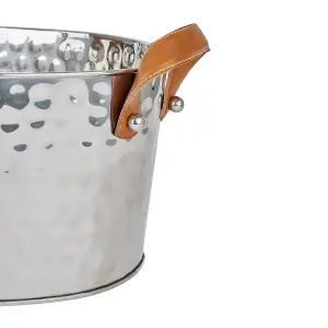 Large Leather Handled Champagne Cooler --Ice Bucket- Leather/Metal - L34 x W55 x H23 cm - Silver