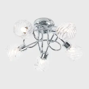 ValueLights Reyka 5 Way Chrome Curved Arm Flush Ceiling Light with Stunning Swirled Glass Dome Shades with 3w LED G9 Bulbs