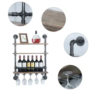 Ade Wall Mounted Wine Bottle & Glass Rack in Black/Brown