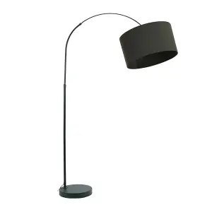 ValueLights Louis Black Arched Curved Floor Lamp with Charcoal Fabric Drum Lamp Shade and LED Bulb