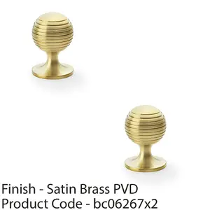 2 PACK - Reeded Ball Door Knob - 38mm Diameter Satin Brass Lined Cupboard Pull Handle