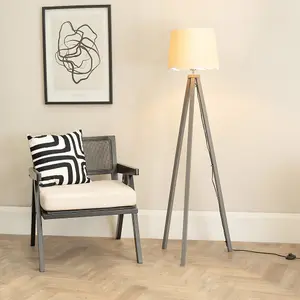 ValueLights Barbro Grey Wood Tripod Floor Lamp with Natural Linen Scallop White Edge Shade and LED Bulb