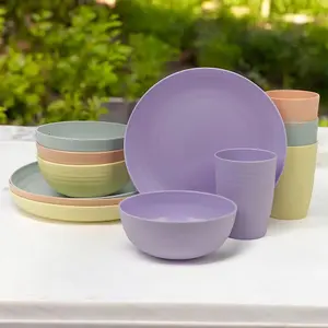 URBNLIVING 12 Pcs Reusable Dinner Picnic Set Unbreakable Plastic Bowls Plates & Cups Outdoor Combopack