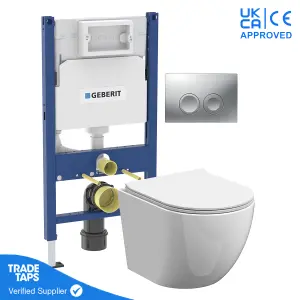 White Wall Hung Toilet Rimless Pan with Geberit Concealed Cistern Frame 98cm & Delta25 Matt Chrome Flush Plate