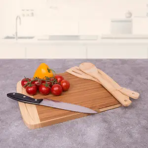 Woodluv Chef Professional Bamboo Large Chopping Board Butcher Block for Kitchen with Dripping Juice Collecting Groove & 2 Utensils