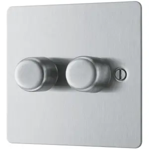 BG Brushed Steel Flat 2 way 400W Dimmer switch Matt Silver 2 gang