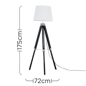 ValueLights Clipper Black Wood and Silver Chrome Tripod Floor Lamp with White Tapered Light Shade with 6w LED GLS Bulb