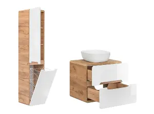 Bathroom Furniture Set with Tall Laundry Unit & 600 Vanity Countertop Sink White Gloss Oak Arub