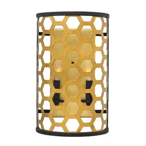 Twin Wall Light Hexagonal Laser Cut Steel Pattern Black Sunset Gold LED E14 60W