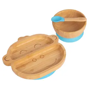 Tiny Dining - Children's Bamboo Suction Monkey Dinner Set - Blue