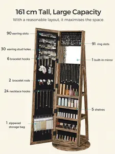 SONGMICS Swivel Jewellery Cabinet, High Full Length Mirror, Jewellery Organiser With Built-In Small Mirror, Rustic Brown