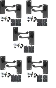 5 Sets Premium Victorian Scroll Latch Door Handles Matt Black Finish Ball Bearing Hinges & Black Latch Pack 120 x 40mm - GG