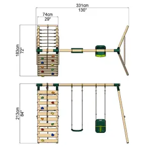 Rebo Wooden Swing Set with Up and Over Climbing Wall - Kai Green