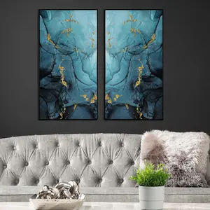 Blue & Gold Abstract Wall Art for Bedroom & Living Room, Decoration Canvas Painting (Set of 2)