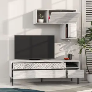 Decortie Heaton Modern TV Unit Ancient White with Storage and Wall Shelf 144.6cm