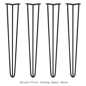 4 x Hairpin Leg - 28 - Black - 3 Prong - 10m