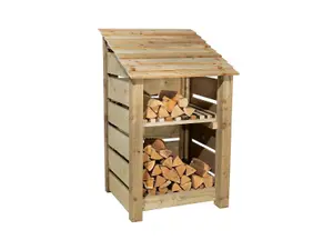 Slatted wooden log store with kindling shelf W-79cm, H-126cm, D-88cm - natural (light green) finish