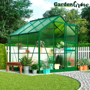 6x6ft Polycarbonate Greenhouse Large Walk-in Garden Growhouse,Sliding Door & Twin Wall Panels with Steel Base (Green)